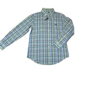 Ralph Lauren Plaid Button Down Shirt Boys Size 10 Easy Care Blue‎ Green Yellow